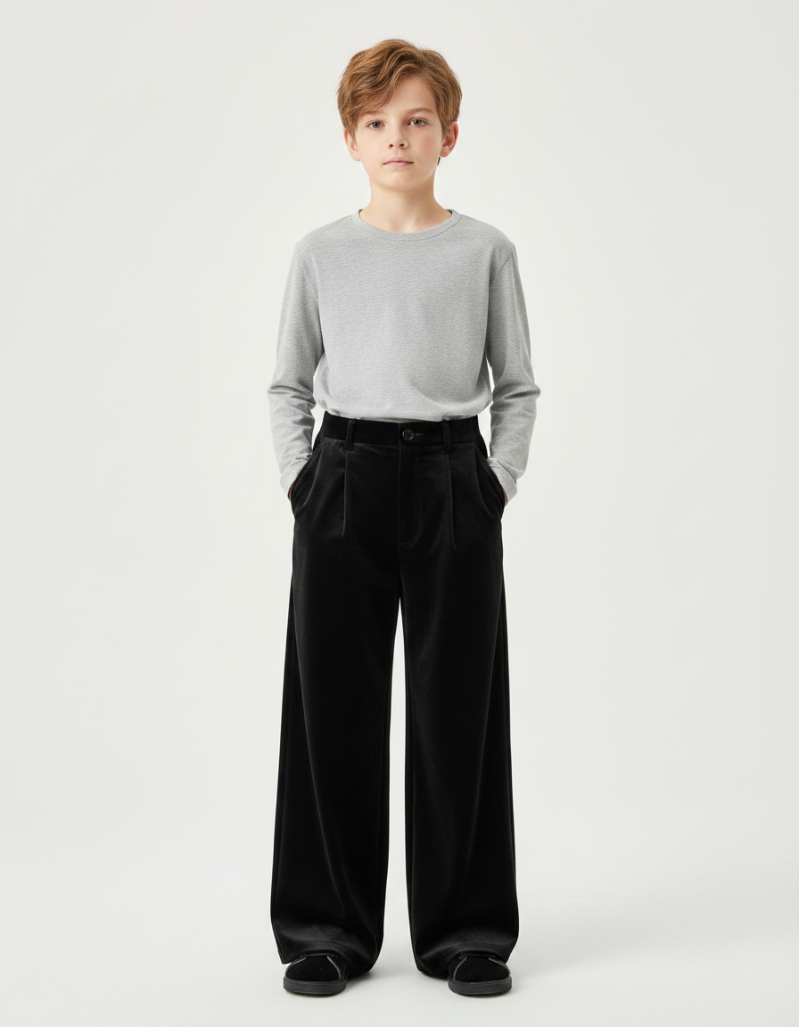 Pantalon Velours Noir Ample Droit Élégant Enfant Hiver
