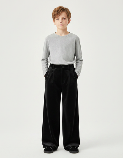 Pantalon Velours Noir Ample Droit Élégant Enfant Hiver