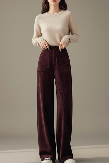 Pantalon Velours Bordeaux Ample Décontracté Poches Femme - Cordé