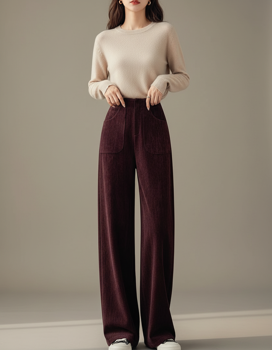 Pantalon Velours Bordeaux Ample Décontracté Poches Femme - Cordé