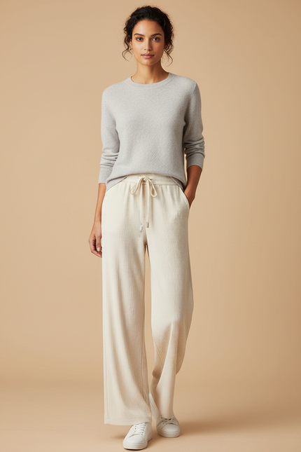 Pantalon Velours Côtelé Large Beige Décontracté Femme - Cordé