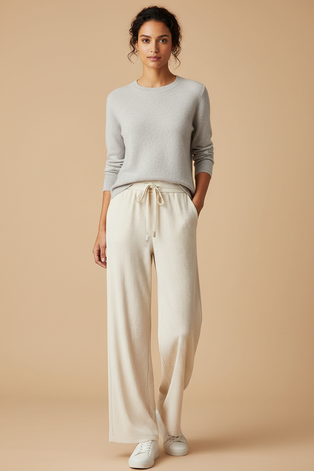 Pantalon Velours Côtelé Large Beige Décontracté Femme - Cordé