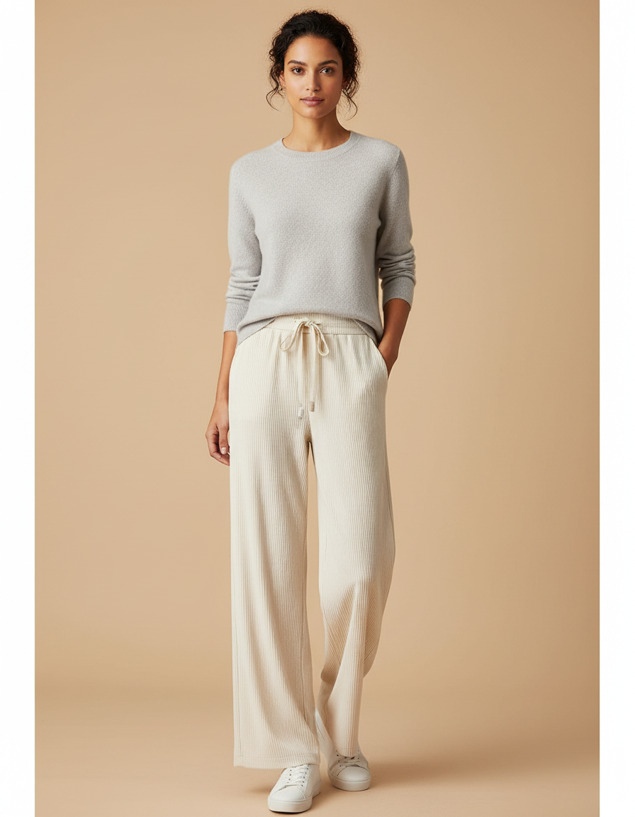 Pantalon Velours Côtelé Large Beige Décontracté Femme - Cordé