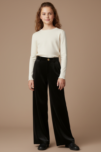 Pantalon Velours Noir Large Élégant Fille Hiver