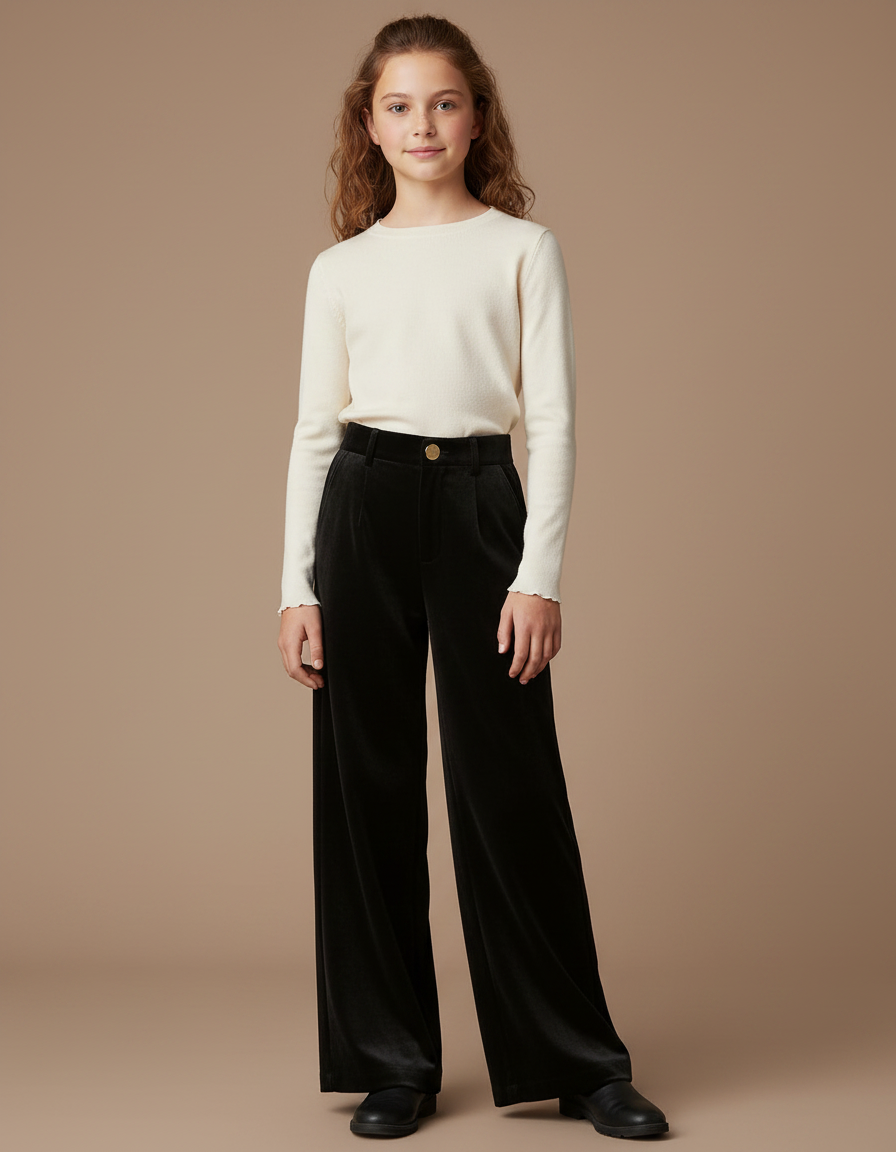 Pantalon Velours Noir Large Élégant Fille Hiver