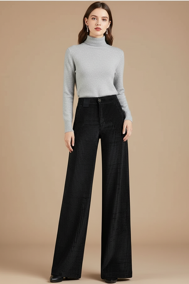 Pantalon Velours Wide Leg Femme - Noir Cordé