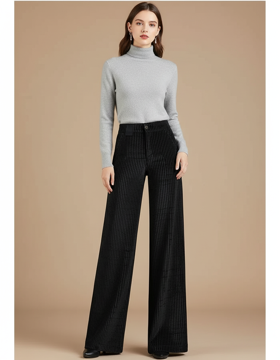 Pantalon Velours Wide Leg Femme - Noir Cordé