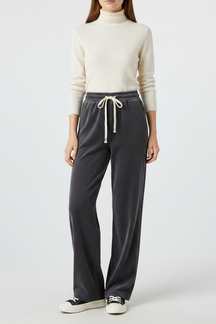 Pantalon Velours Côtelé Gris Ample Cordon Femme - Cordé
