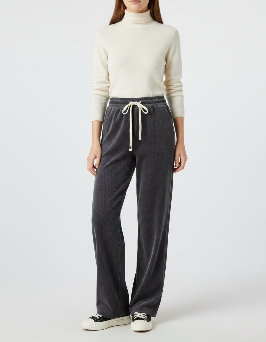 Pantalon Velours Côtelé Gris Ample Cordon Femme - Cordé