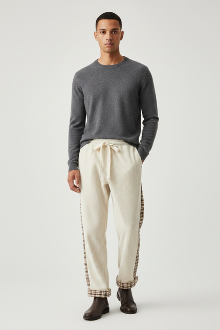Pantalon Velours Côtelé Écru Plaid Décontracté Homme - Beige Cordé