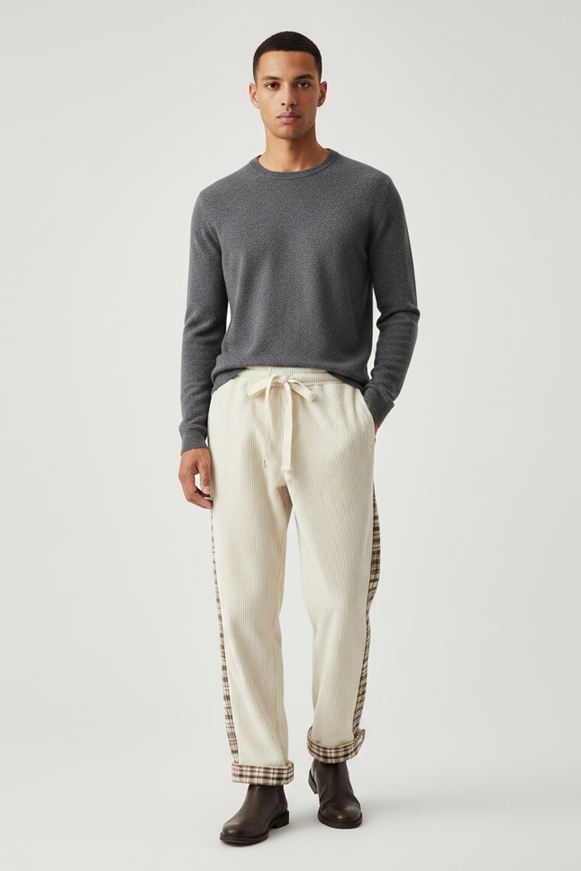 Pantalon Velours Côtelé Écru Plaid Décontracté Homme - Beige Cordé