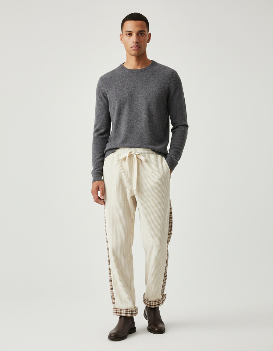 Pantalon Velours Côtelé Écru Plaid Décontracté Homme - Beige Cordé