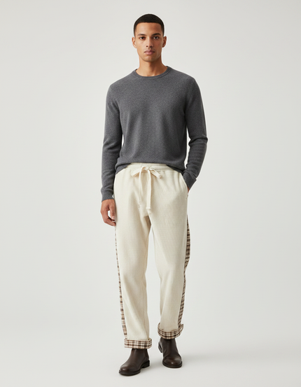Pantalon Velours Côtelé Écru Plaid Décontracté Homme - Beige Cordé