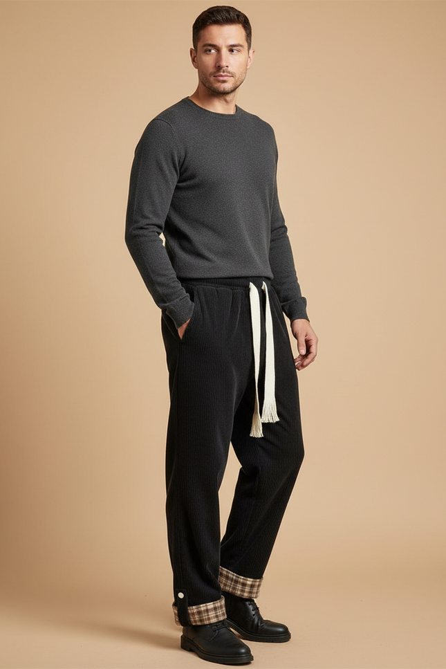 Pantalon Velours Côtelé Noir Large Plaid Homme - Cordé