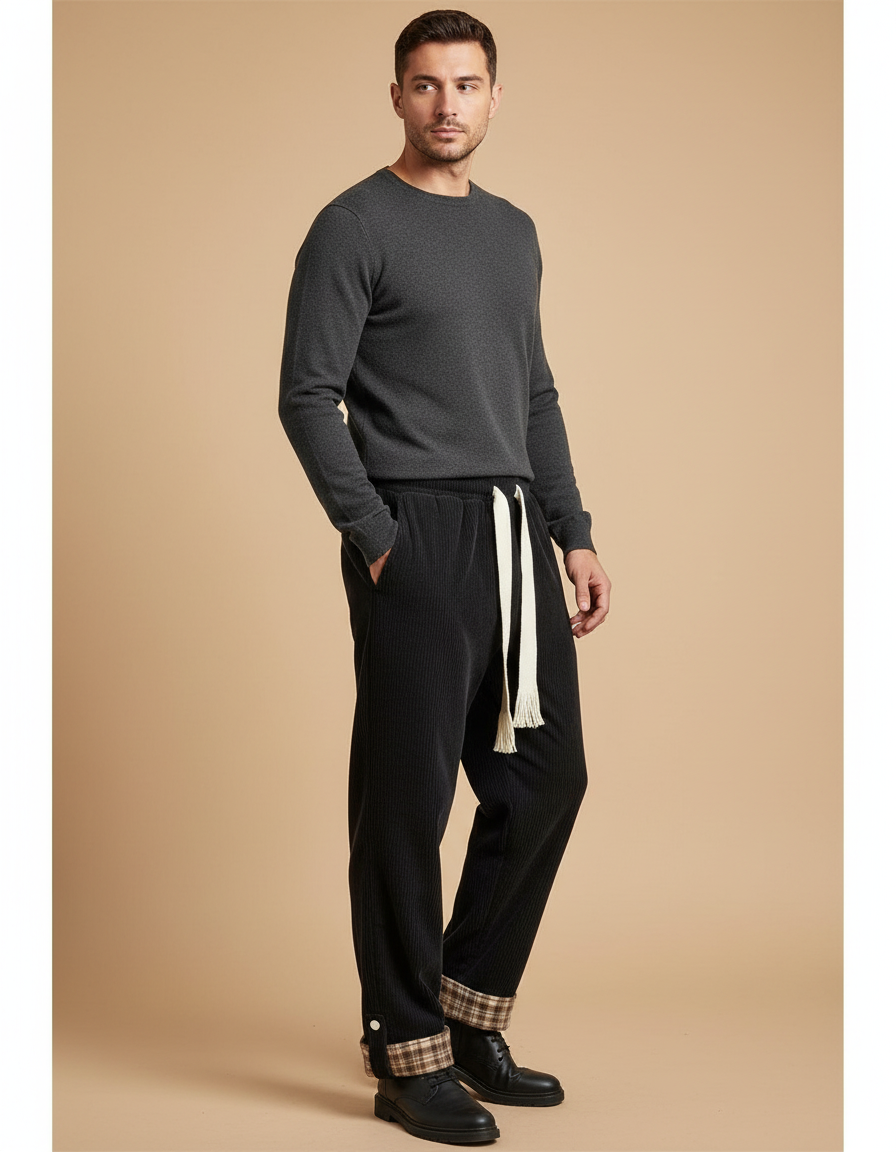Pantalon Velours Côtelé Noir Large Plaid Homme - Cordé