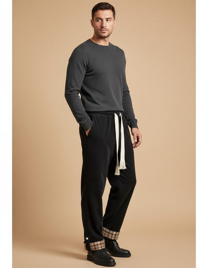 Pantalon Velours Côtelé Noir Large Plaid Homme - Cordé