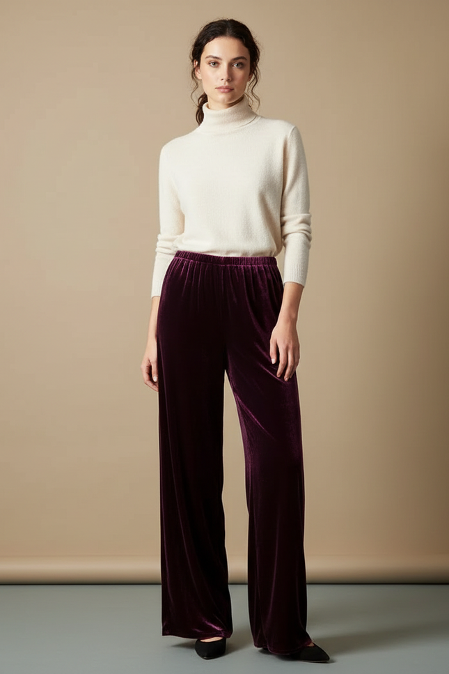 Pantalon Velours Bordeaux Ample Fluide Décontracté Femme