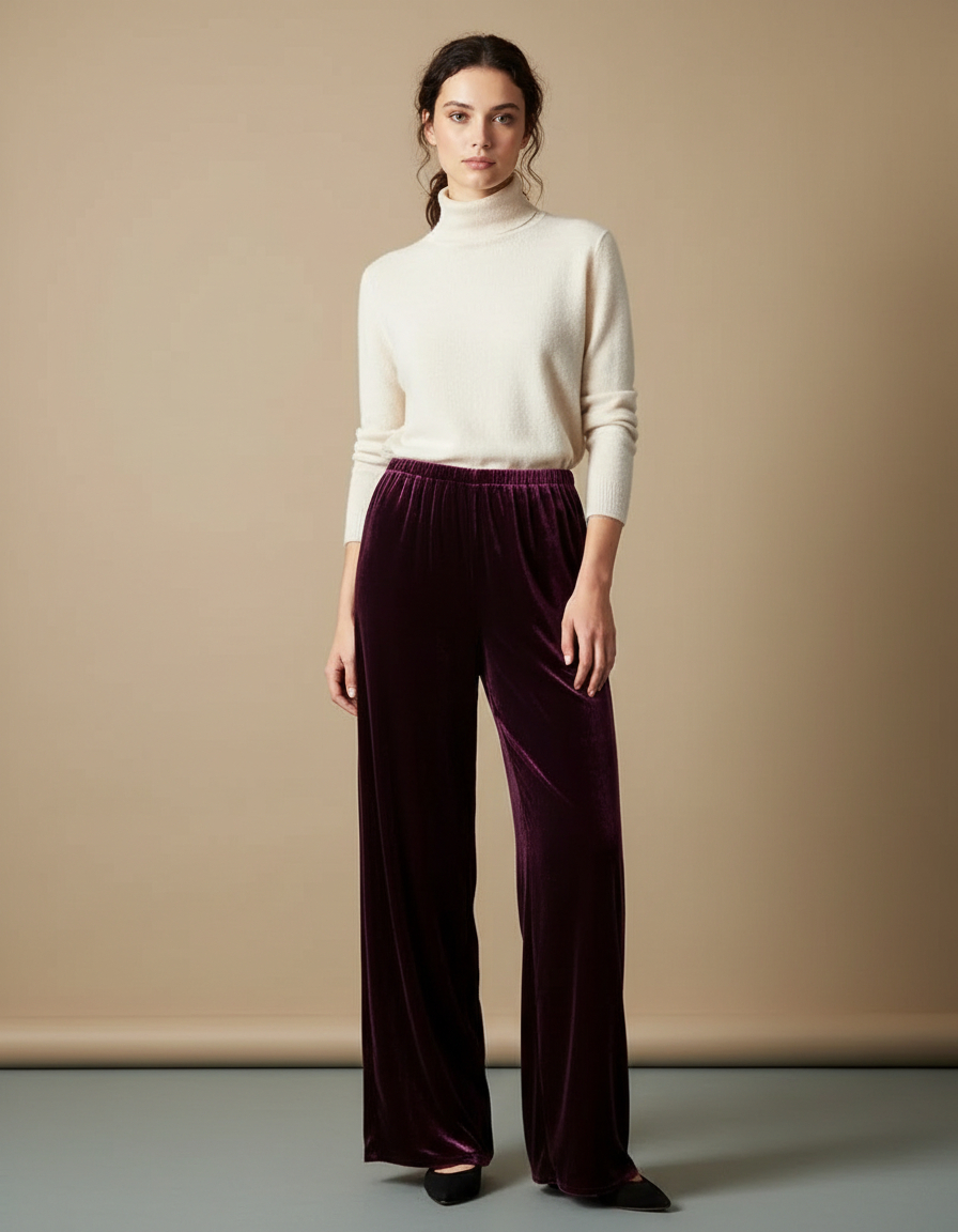 Pantalon Velours Bordeaux Ample Fluide Décontracté Femme