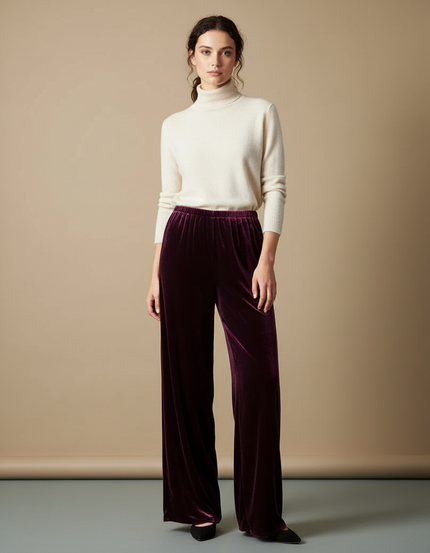 Pantalon Velours Bordeaux Ample Fluide Décontracté Femme