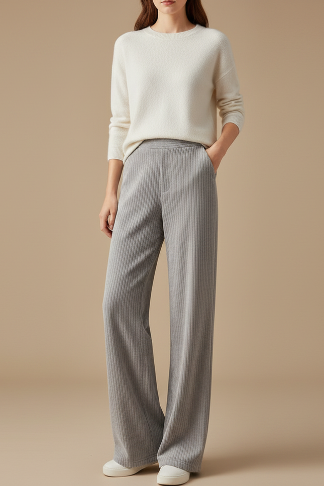 Pantalon Velours Côtelé Gris Large Décontracté Femme - Maille