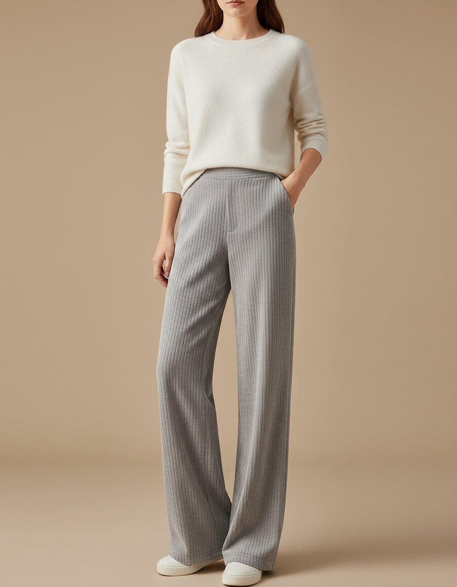 Pantalon Velours Côtelé Gris Large Décontracté Femme - Maille