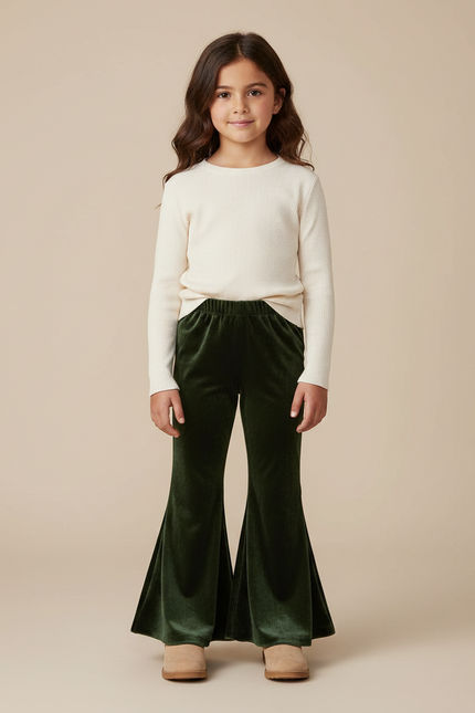 Pantalon Velours Vert Évasé Enfant Doux Confortable