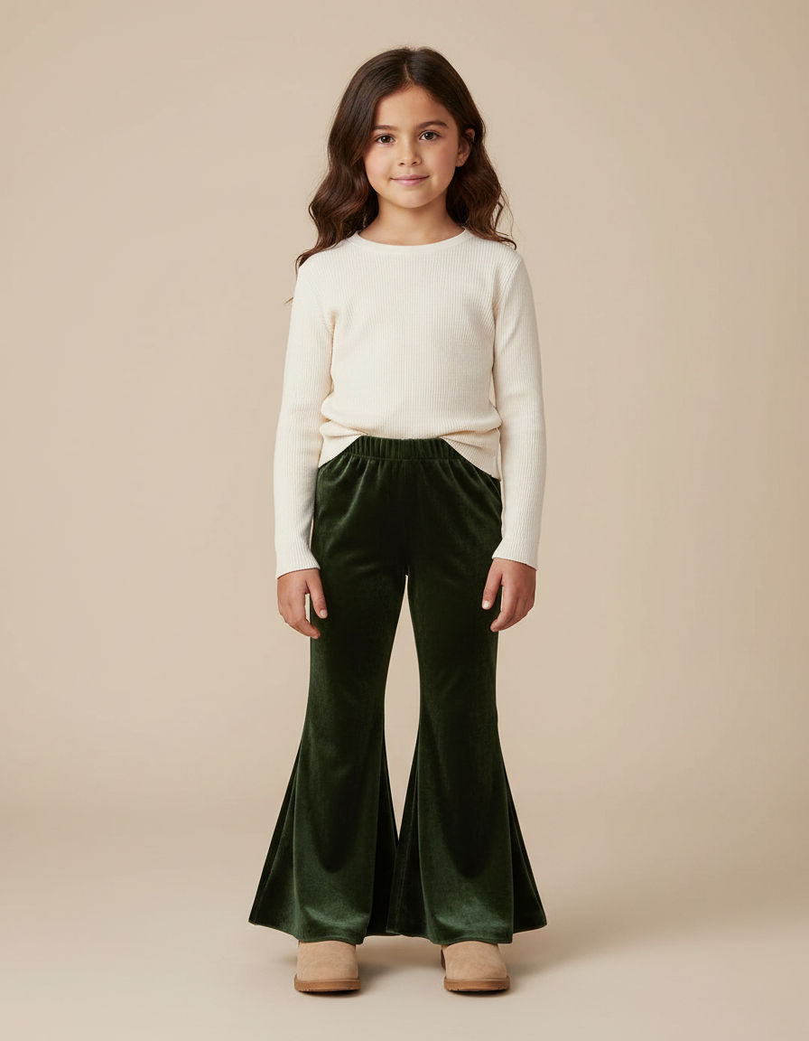 Pantalon Velours Vert Évasé Enfant Doux Confortable
