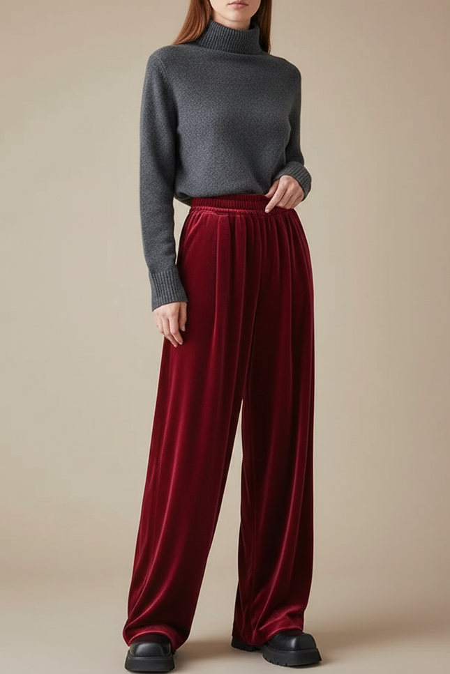 Pantalon Velours Rouge Large Confortable Femme - Bordeaux