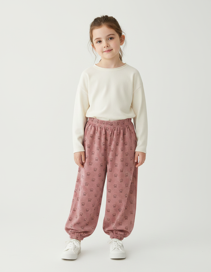 Pantalon Velours Bebe Fille - Rose Cordé