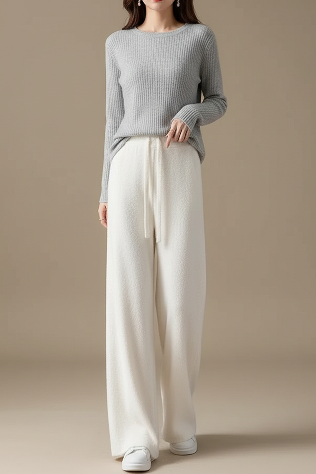 Pantalon Velours Blanc Cassé Ample Tricoté Décontracté