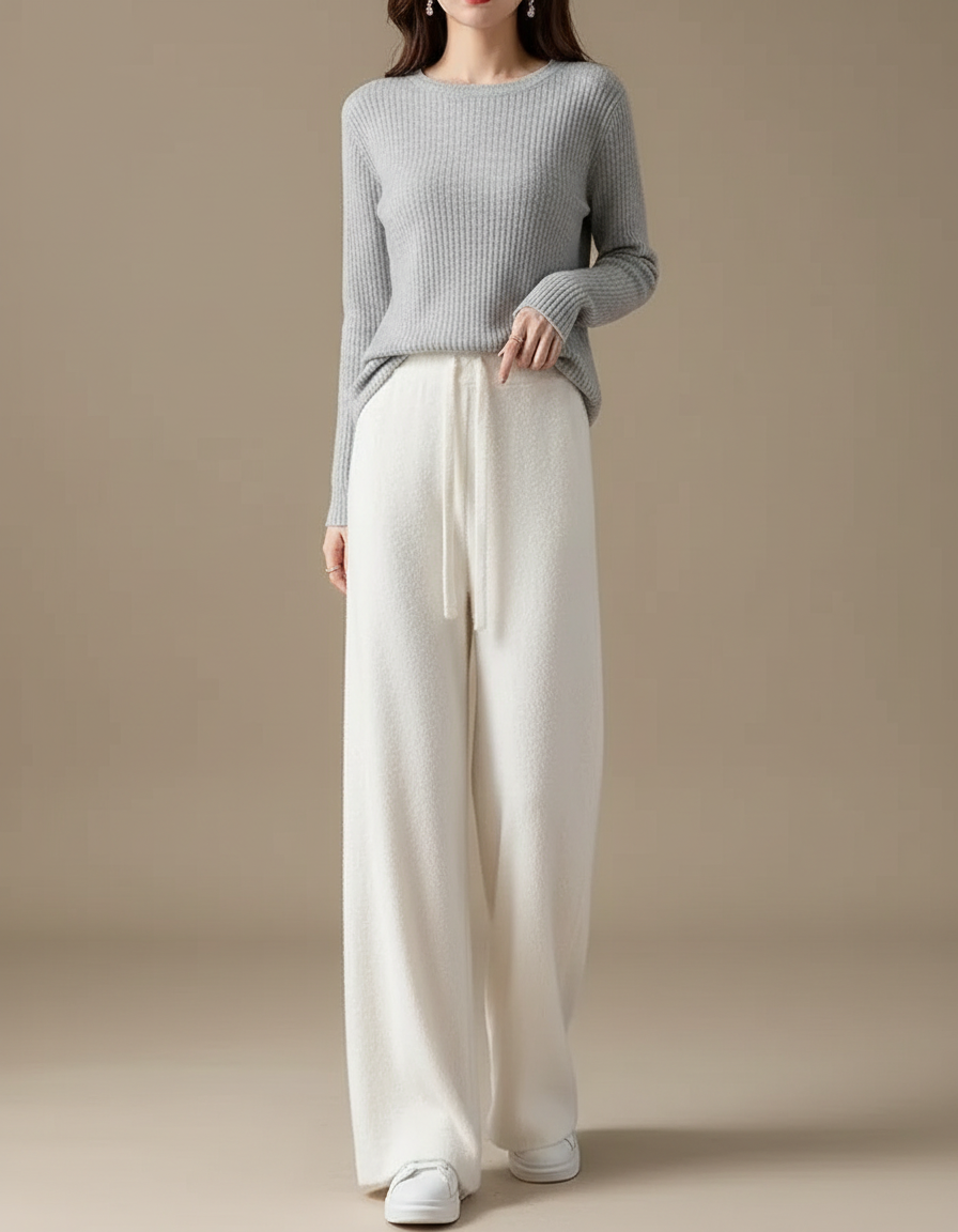 Pantalon Velours Blanc Cassé Ample Tricoté Décontracté