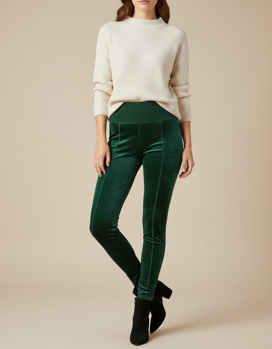 Pantalon Velours Vert Émeraude Slim Taille Haute