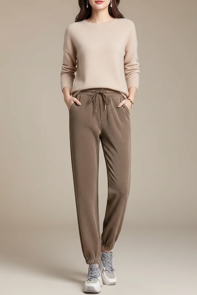 Pantalon Velours Marron Côtelé Jogger Chaud Femme - Cordé