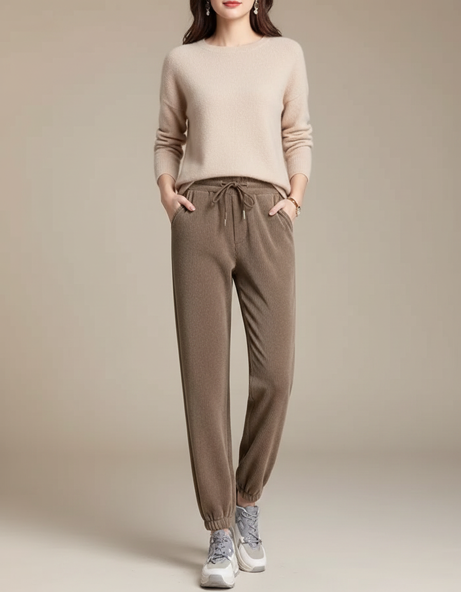 Pantalon Velours Marron Côtelé Jogger Chaud Femme - Cordé