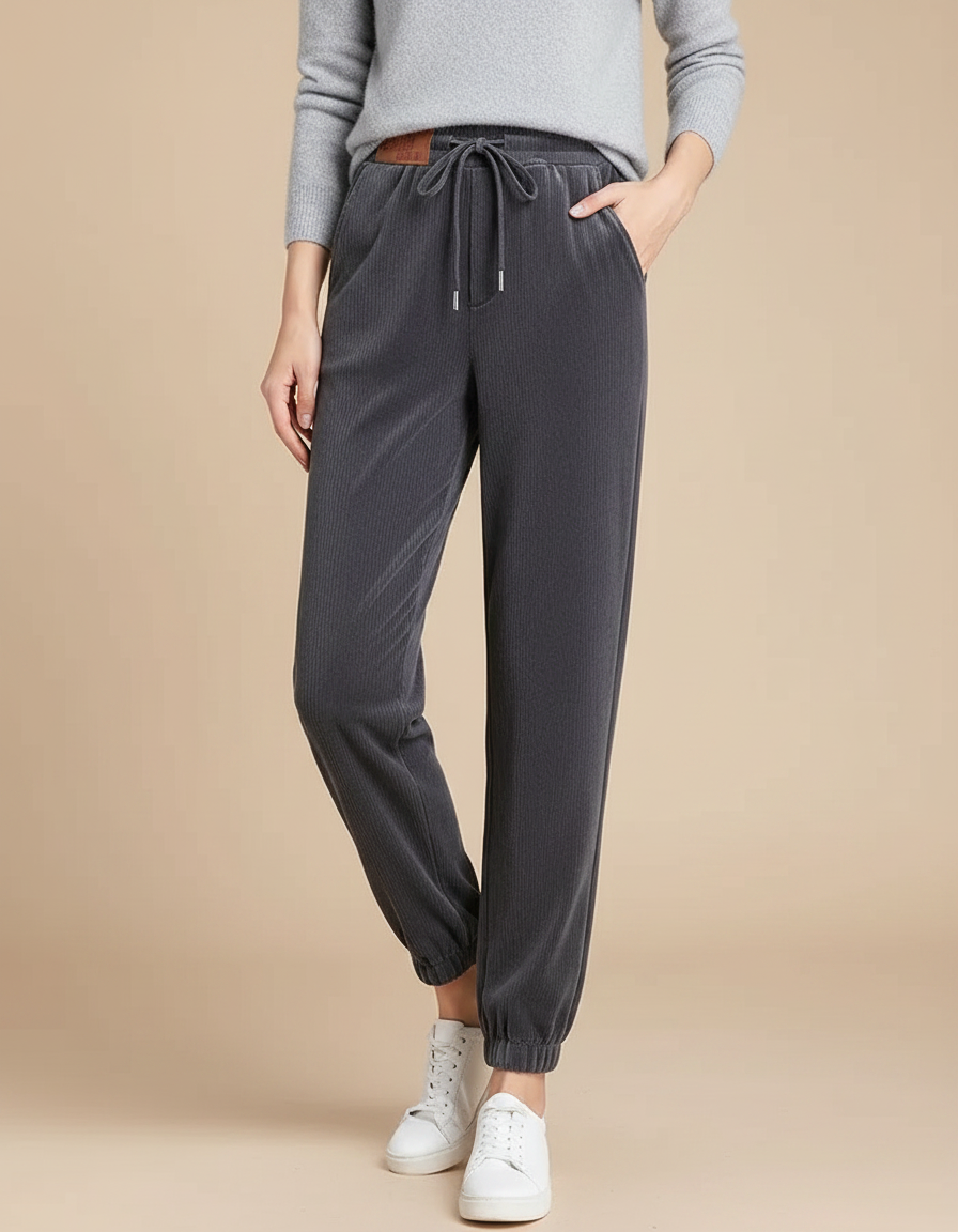 Pantalon Velours Côtelé Gris Jogger Confortable Femme - Cordé