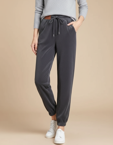 Pantalon Velours Côtelé Gris Jogger Confortable Femme - Cordé
