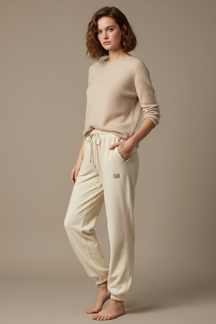 Pantalon Velours Crème Ample Molletonné Chaud Femme - Beige