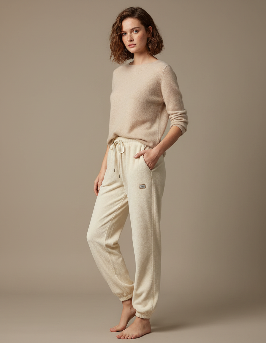 Pantalon Velours Crème Ample Molletonné Chaud Femme - Beige