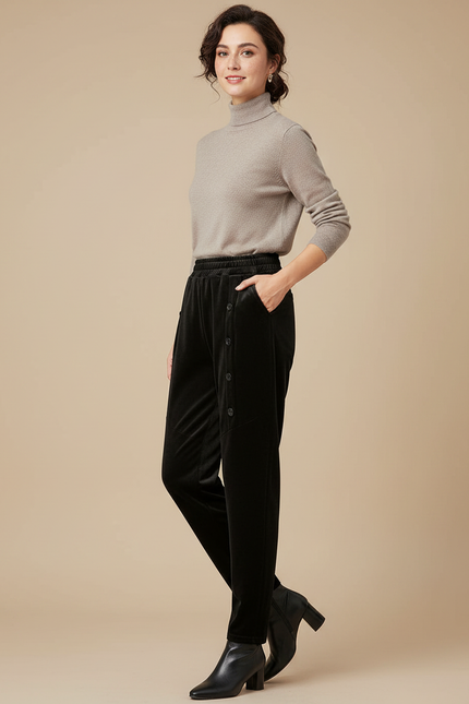 Pantalon Velours Noir Coupe Droite Boutons Femme