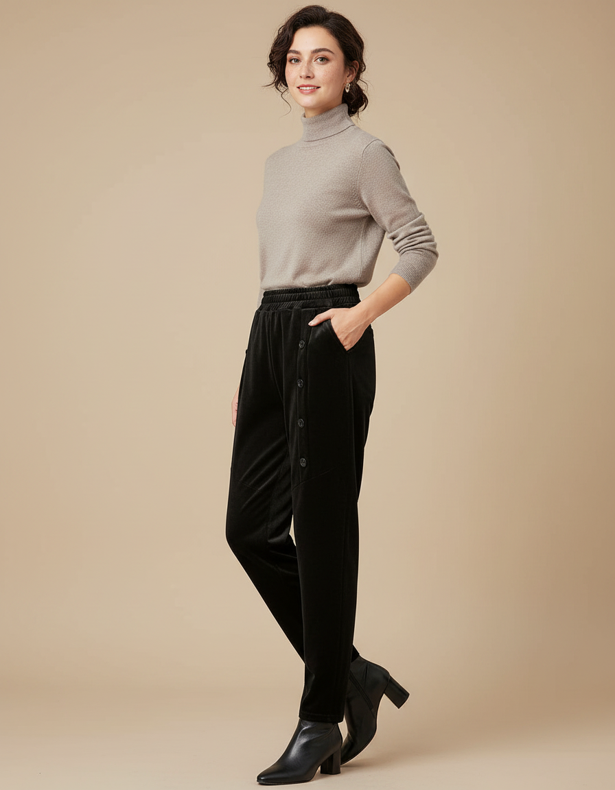 Pantalon Velours Noir Coupe Droite Boutons Femme