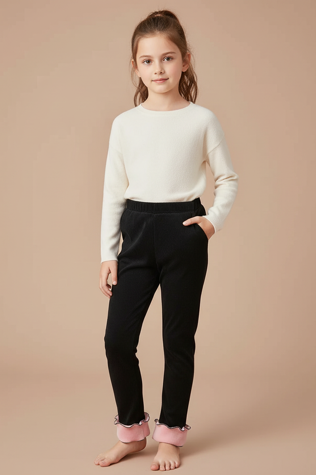 Pantalon Velours Noir Côtelé Doublé Rose Fille - Cordé