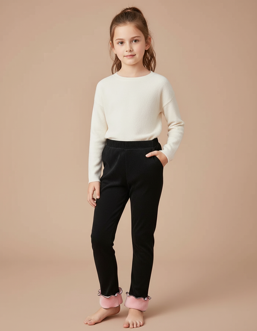 Pantalon Velours Noir Côtelé Doublé Rose Fille - Cordé