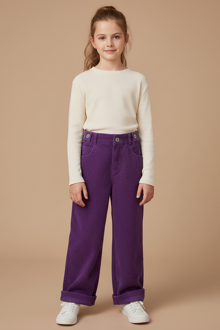 Pantalon Velours Violet Côtelé Ample Décontracté Enfant - Cordé