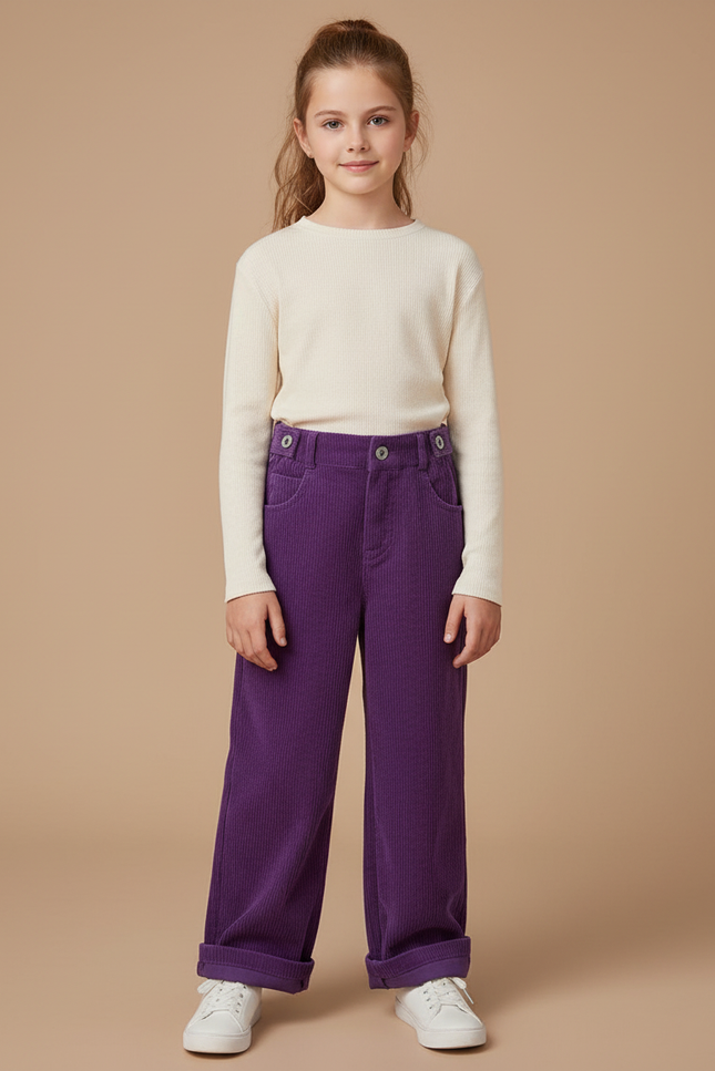 Pantalon Velours Violet Côtelé Ample Décontracté Enfant - Cordé