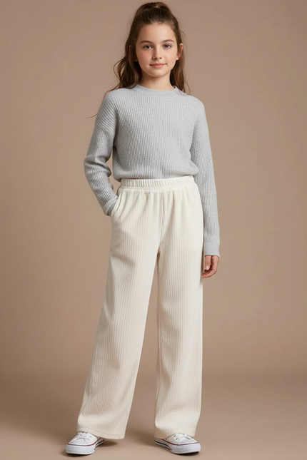 Pantalon Velours Côtelé Crème Ample Décontracté Enfant - Beige Cordé