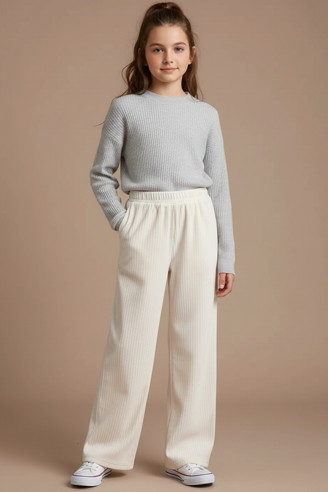 Pantalon Velours Côtelé Crème Ample Décontracté Enfant - Beige Cordé