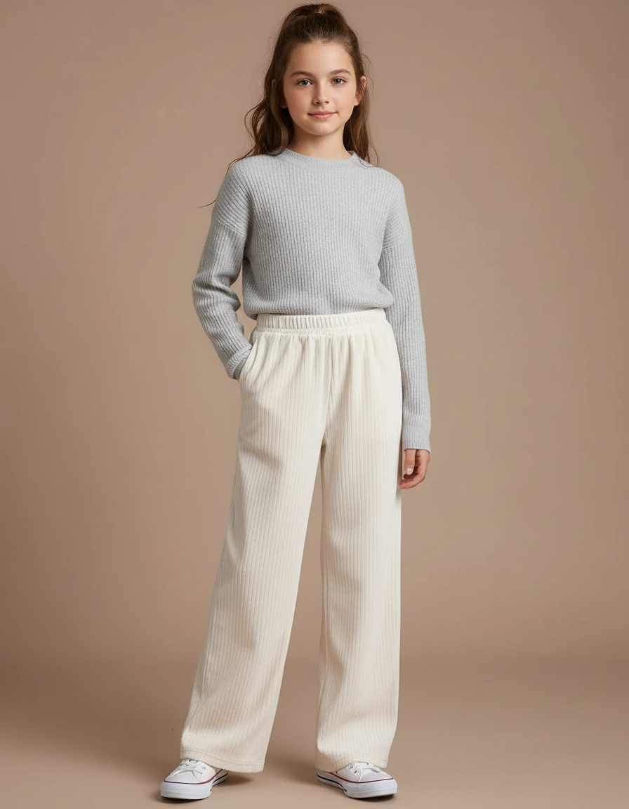 Pantalon Velours Côtelé Crème Ample Décontracté Enfant - Beige Cordé