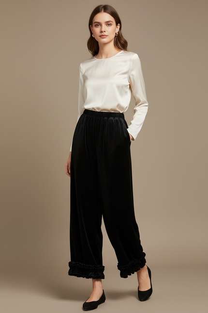 Pantalon Velours Noir Ample Volants Fluide Femme