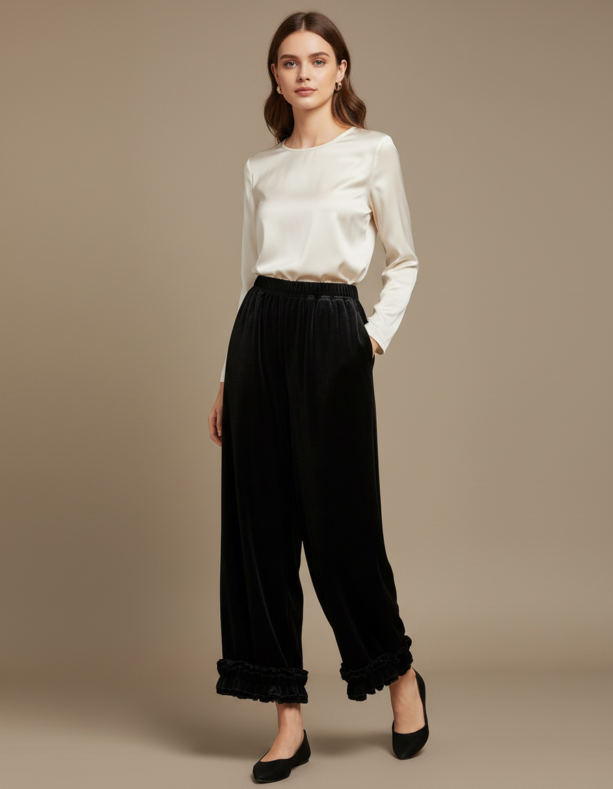 Pantalon Velours Noir Ample Volants Fluide Femme