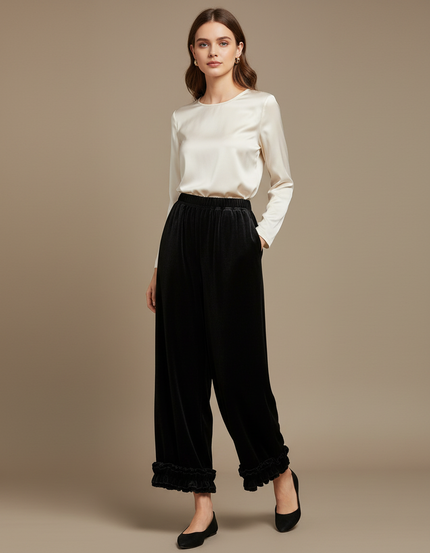Pantalon Velours Noir Ample Volants Fluide Femme